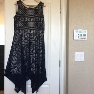 Blue and beige sleeveless lace A-line dress